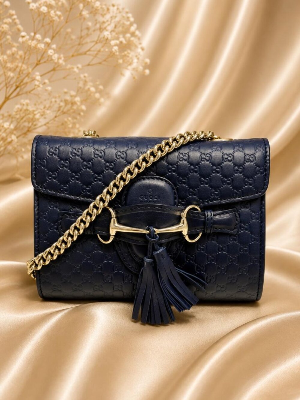Authentic Gucci Emily Guccissima Leather Chain Crossbody Bag Blue Tassel